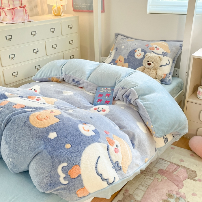 91家纺网 家纺一手货源 找家纺 川悦生活 2025新款立体雪花绒印花四件套学生床系列一场景一 哒哒鸭丫
