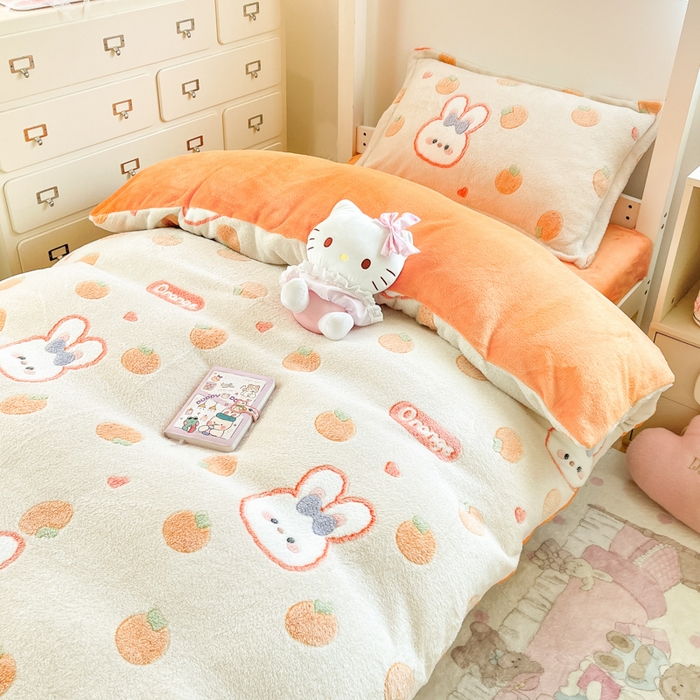 91家纺网 家纺一手货源 找家纺 川悦生活 2025新款立体雪花绒印花四件套学生床系列一场景一 橘兔