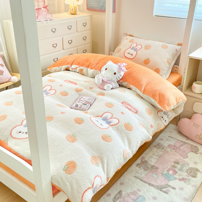 91家纺网 家纺一手货源 找家纺 川悦生活 2025新款立体雪花绒印花四件套学生床系列一场景一 橘兔