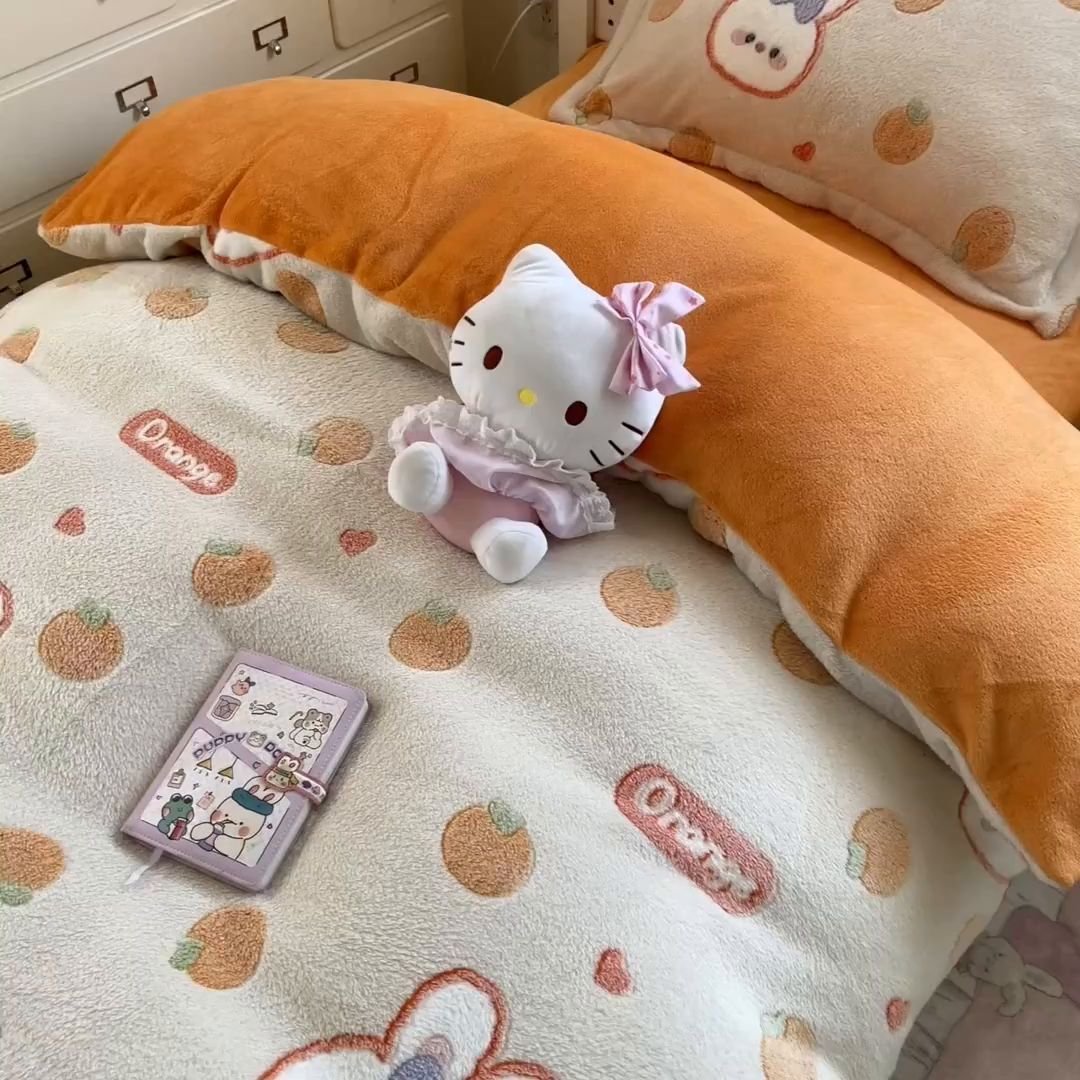 91家纺网 家纺一手货源 找家纺 川悦生活 2025新款立体雪花绒印花四件套学生床系列一场景一 橘兔