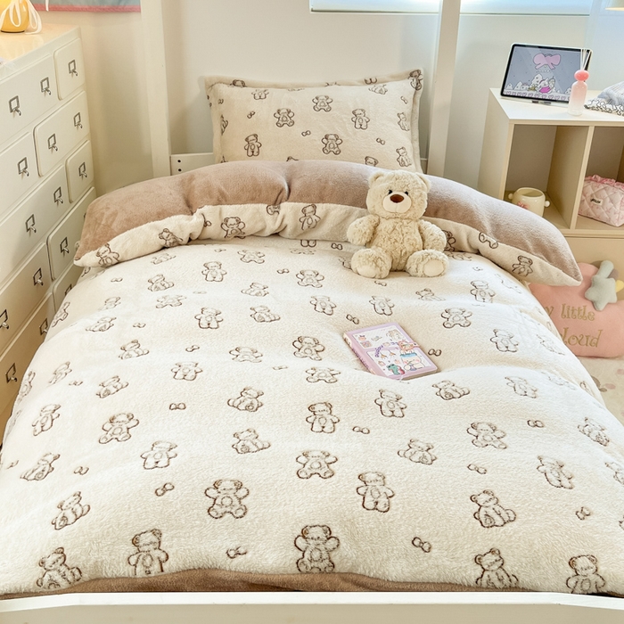 川悦生活 2025新款立体雪花绒印花四件套学生床系列一场景一 奶咖小熊