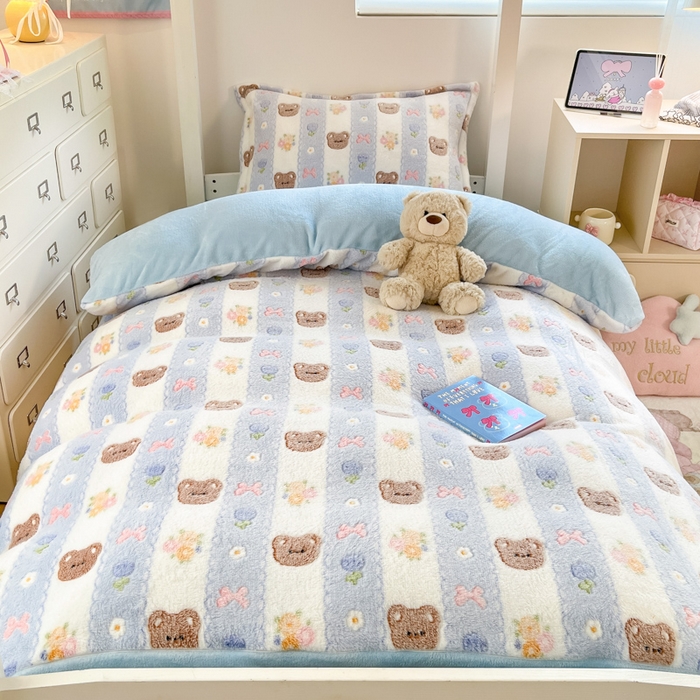 川悦生活 2025新款立体雪花绒印花四件套学生床系列一场景一 小熊花园