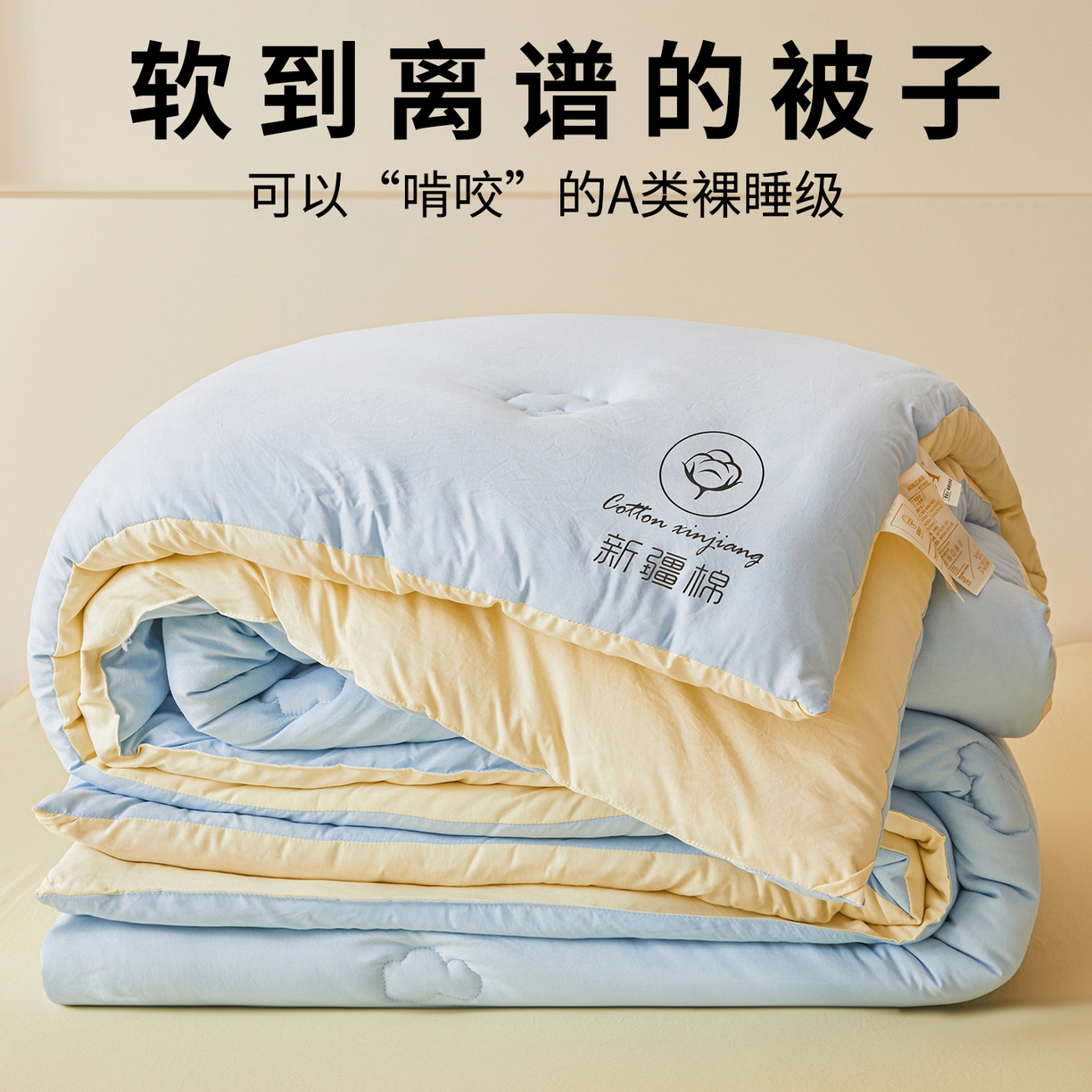 91家纺网 家纺一手货源 找家纺 晓时候 2025新款纯色无印风新疆棉花被冬被春秋被夏被四季被子被芯-常年有货（含买家秀） 蓝黄