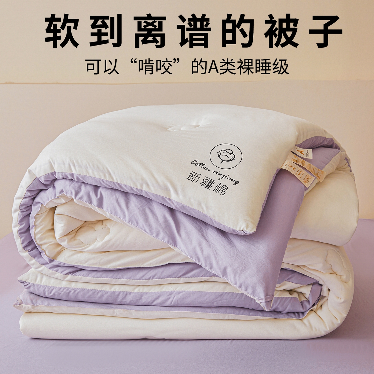 91家纺网 家纺一手货源 找家纺 晓时候 2025新款纯色无印风新疆棉花被冬被春秋被夏被四季被子被芯-常年有货（含买家秀） 白紫