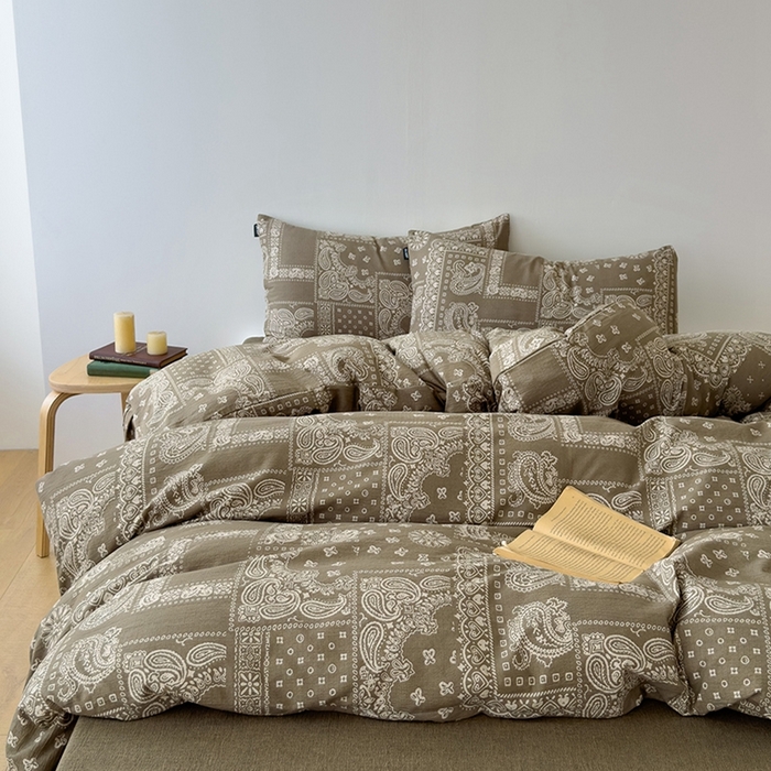 竹合家纺 2025秋冬新品爆款加厚高克重复古风皱皱印花四件套奥利维亚