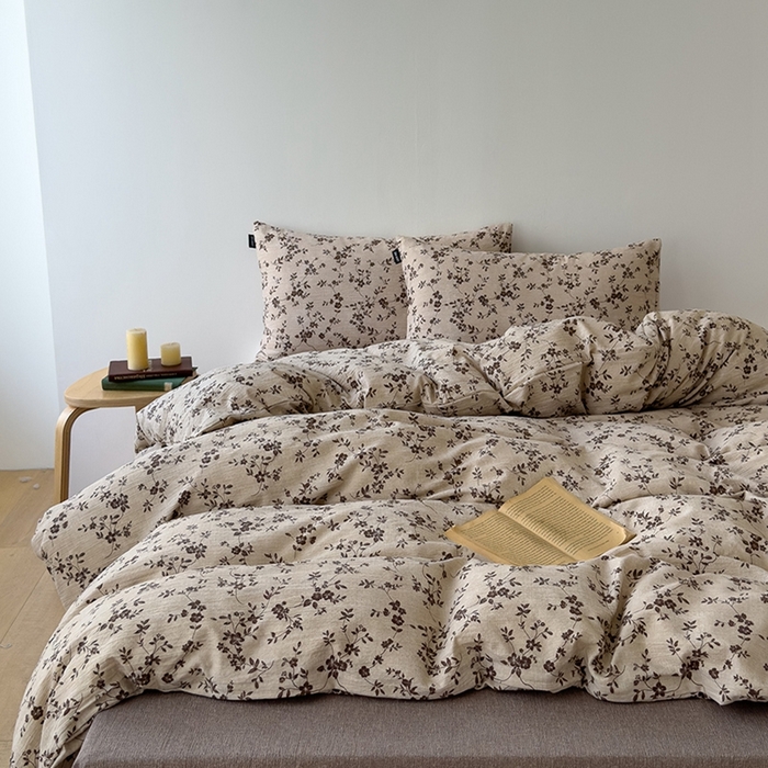 竹合家纺 2025秋冬新品爆款加厚高克重复古风皱皱印花四件套秋海棠