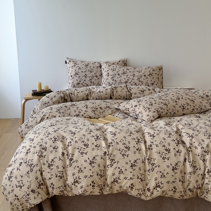 91家纺网 家纺一手货源 找家纺 竹合家纺 2025秋冬新品爆款加厚高克重复古风皱皱印花四件套秋海棠