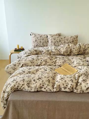 91家纺网 家纺一手货源 找家纺 竹合家纺 2025秋冬新品爆款加厚高克重复古风皱皱印花四件套秋海棠