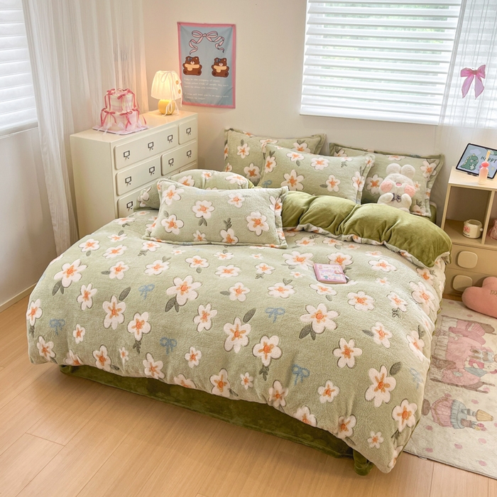 91家纺网 家纺一手货源 找家纺 川悦生活 2025新款立体雪花绒印花大床四件套系列一场景一 奶芙小花