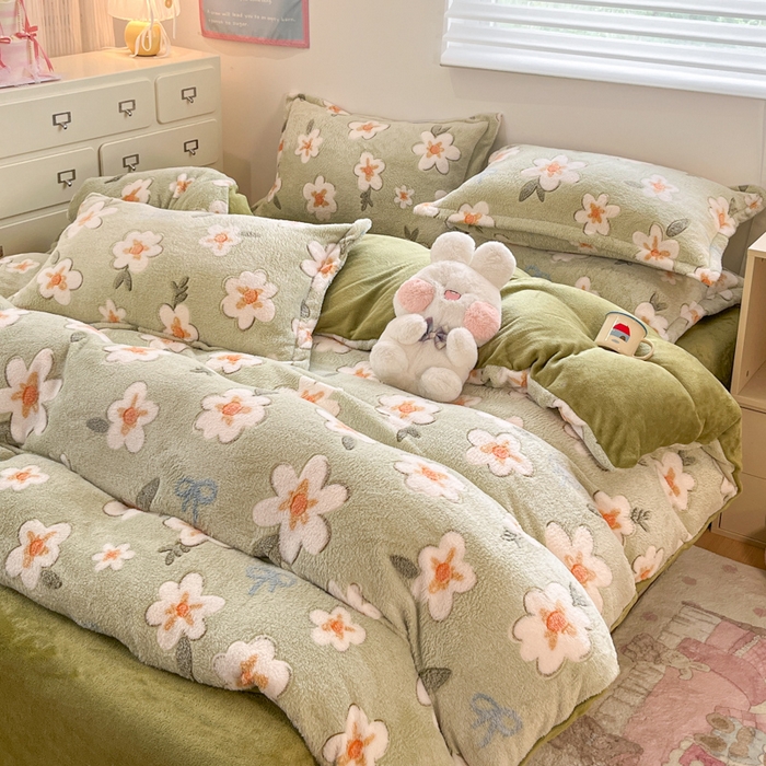 91家纺网 家纺一手货源 找家纺 川悦生活 2025新款立体雪花绒印花大床四件套系列一场景一 奶芙小花