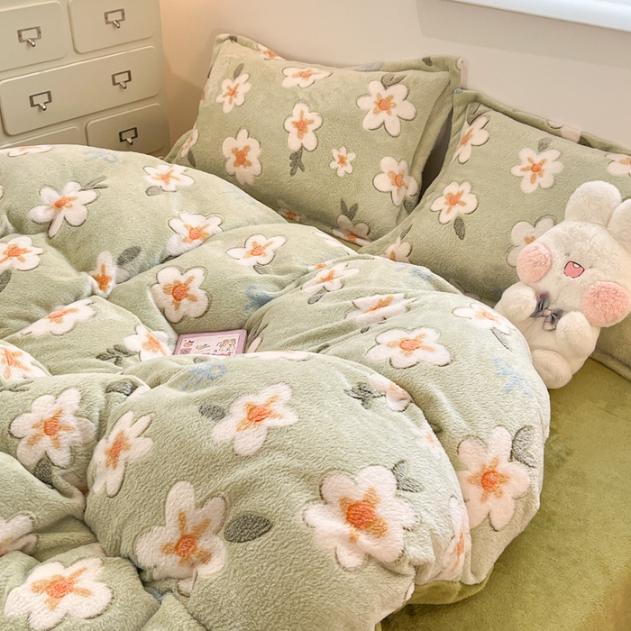 91家纺网 家纺一手货源 找家纺 川悦生活 2025新款立体雪花绒印花大床四件套系列一场景一 奶芙小花