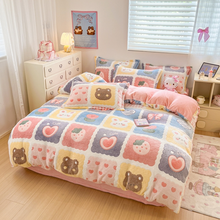 91家纺网 家纺一手货源 找家纺 川悦生活 2025新款立体雪花绒印花大床四件套系列一场景一 甜蜜日常粉