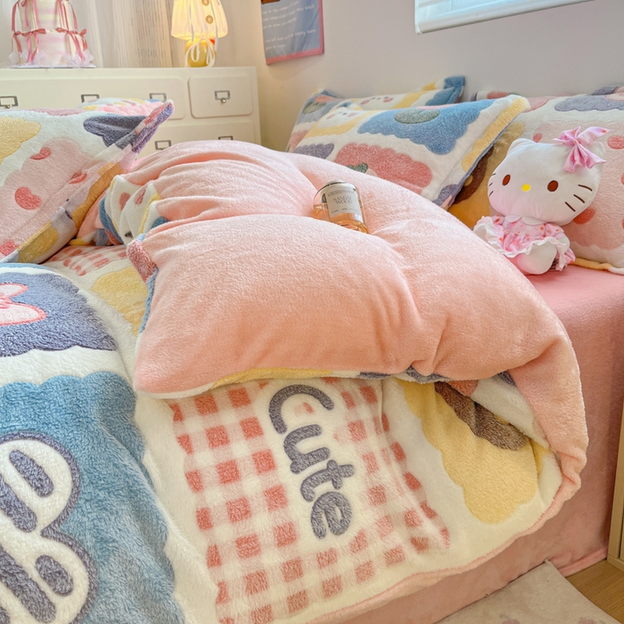 91家纺网 家纺一手货源 找家纺 川悦生活 2025新款立体雪花绒印花大床四件套系列一场景一 甜蜜日常粉