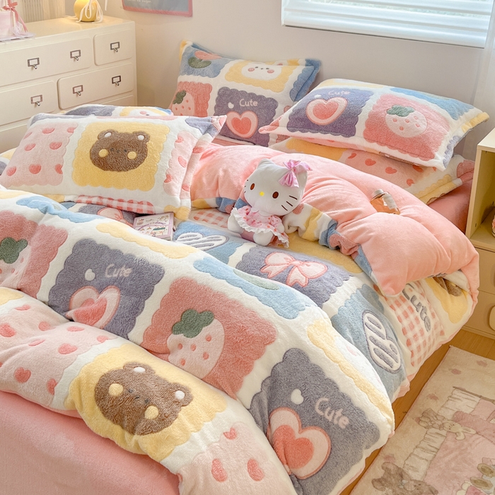 91家纺网 家纺一手货源 找家纺 川悦生活 2025新款立体雪花绒印花大床四件套系列一场景一 甜蜜日常粉