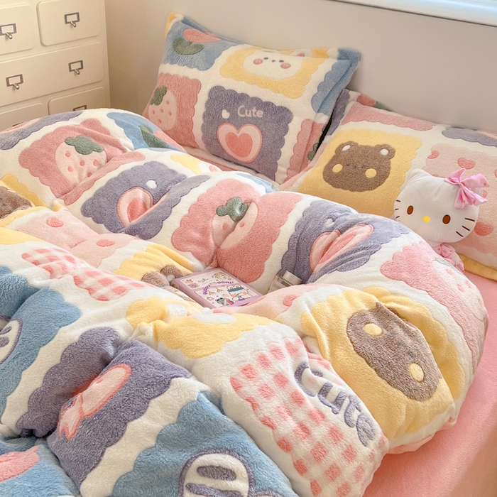 91家纺网 家纺一手货源 找家纺 川悦生活 2025新款立体雪花绒印花大床四件套系列一场景一 甜蜜日常粉