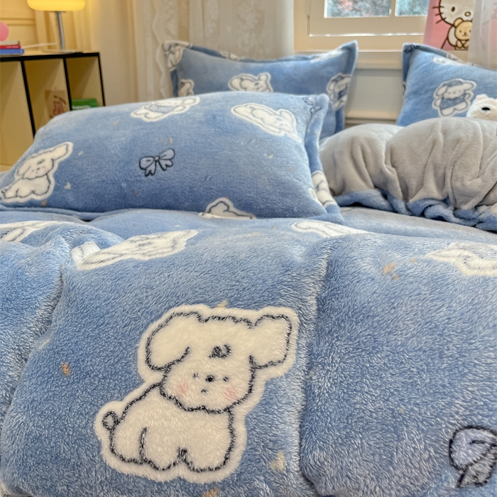 91家纺网 家纺一手货源 找家纺 川悦生活 2025新款立体雪花绒印花大床四件套系列一场景一 小雪狗