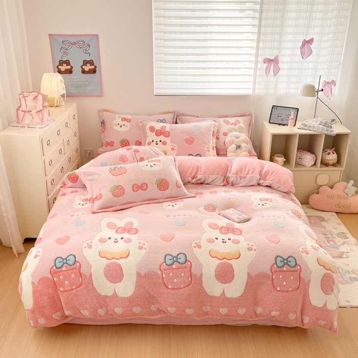 川悦生活 2025新款立体雪花绒印花大床四件套系列一场景一 幸福甜兔