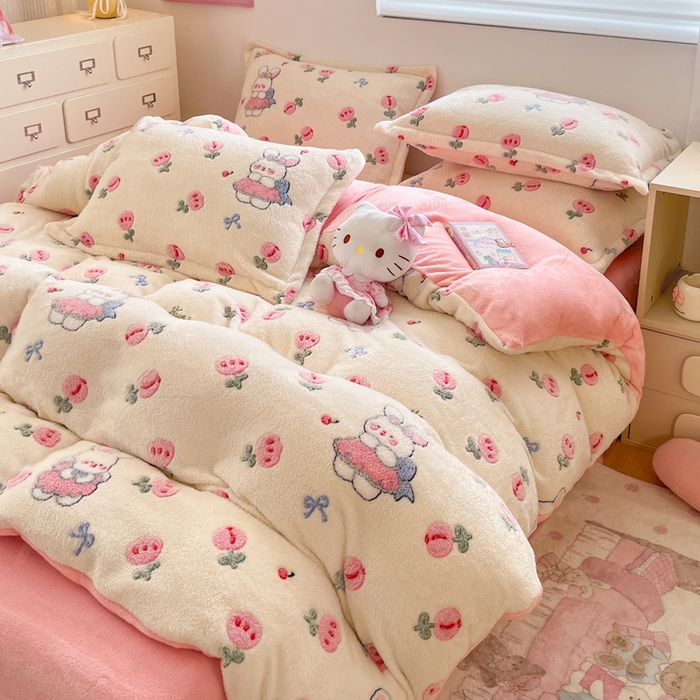 91家纺网 家纺一手货源 找家纺 川悦生活 2025新款立体雪花绒印花大床四件套系列一场景一 郁金奶兔