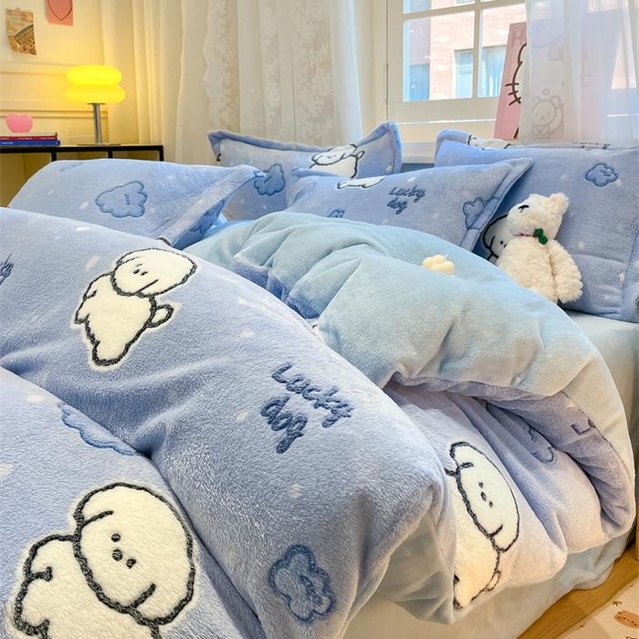 91家纺网 家纺一手货源 找家纺 川悦生活 2025新款立体雪花绒印花大床四件套系列一场景一 云朵奶狗