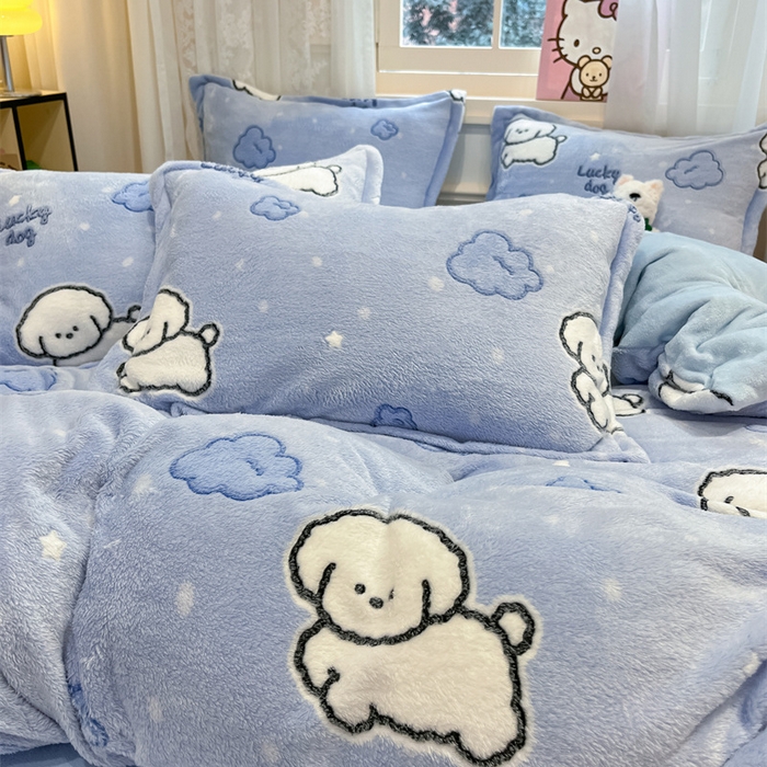 91家纺网 家纺一手货源 找家纺 川悦生活 2025新款立体雪花绒印花大床四件套系列一场景一 云朵奶狗