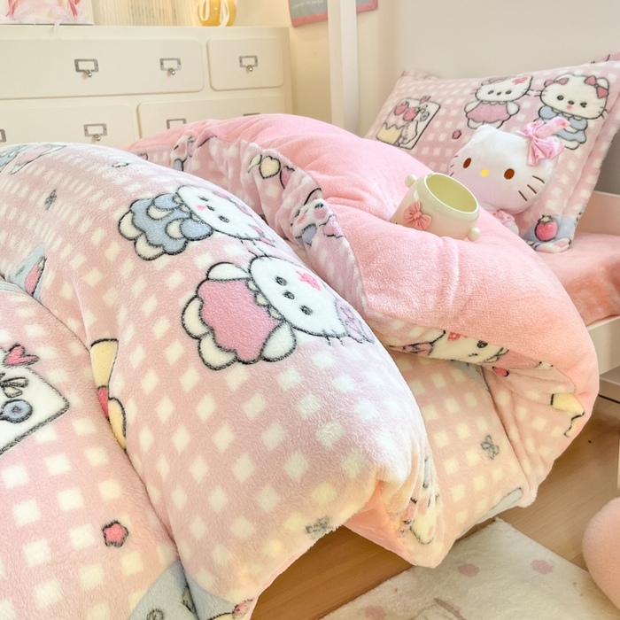 91家纺网 家纺一手货源 找家纺 川悦生活 2025新款立体雪花绒印花四件套学生床系列二场景一 开心小喵