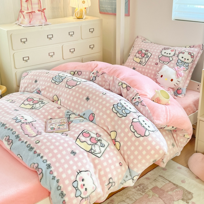 91家纺网 家纺一手货源 找家纺 川悦生活 2025新款立体雪花绒印花四件套学生床系列二场景一 开心小喵