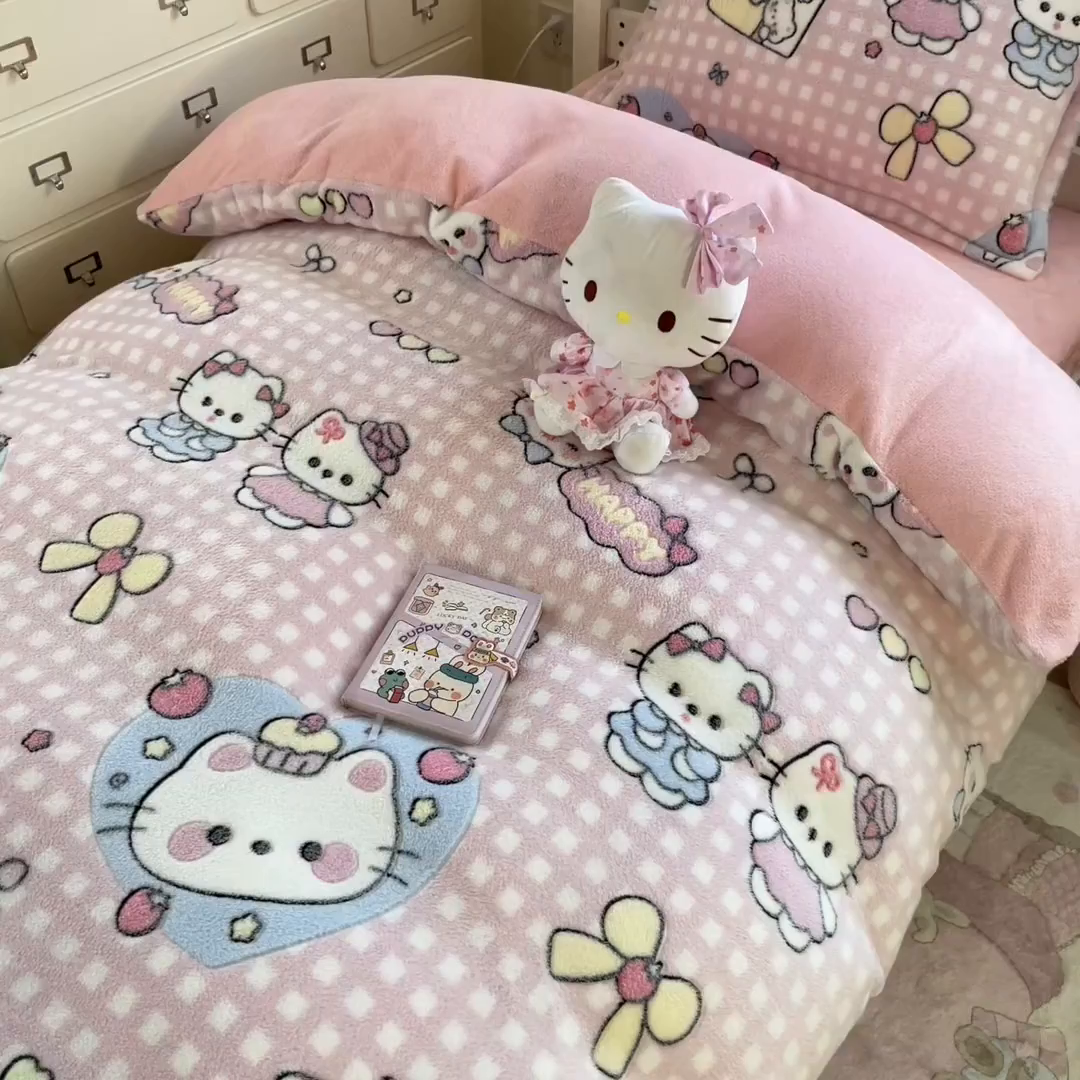 91家纺网 家纺一手货源 找家纺 川悦生活 2025新款立体雪花绒印花四件套学生床系列二场景一 开心小喵