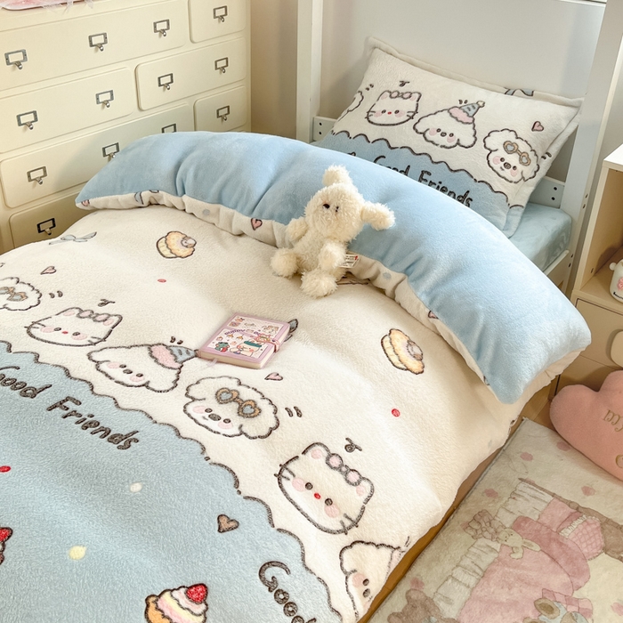 91家纺网 家纺一手货源 找家纺 川悦生活 2025新款立体雪花绒印花四件套学生床系列二场景一 快乐派对