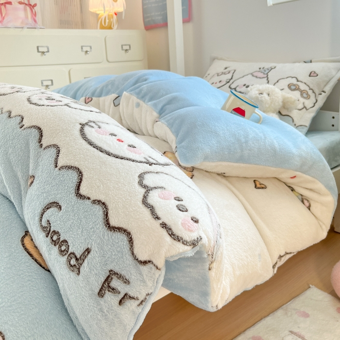 91家纺网 家纺一手货源 找家纺 川悦生活 2025新款立体雪花绒印花四件套学生床系列二场景一 快乐派对