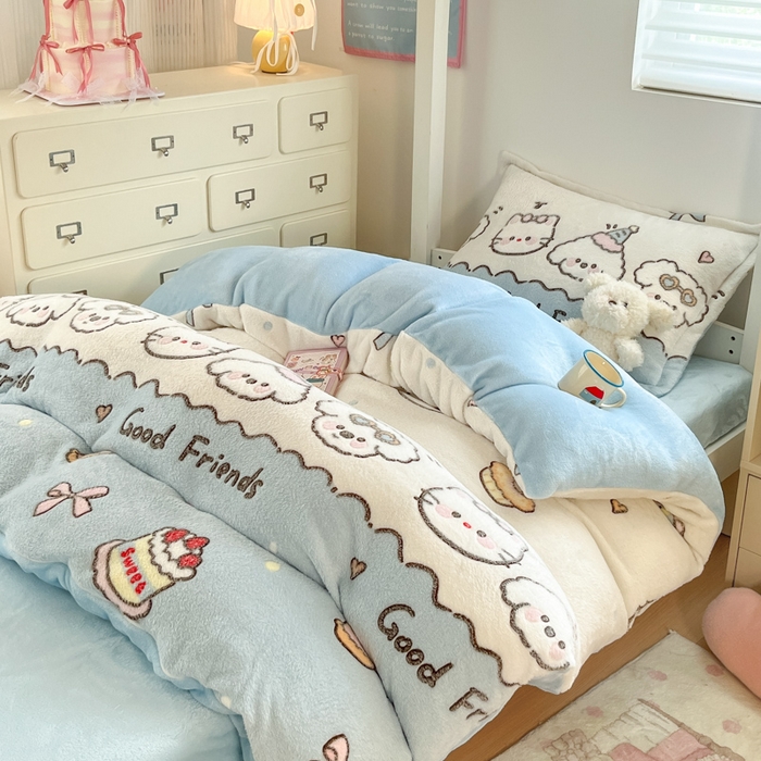91家纺网 家纺一手货源 找家纺 川悦生活 2025新款立体雪花绒印花四件套学生床系列二场景一 快乐派对