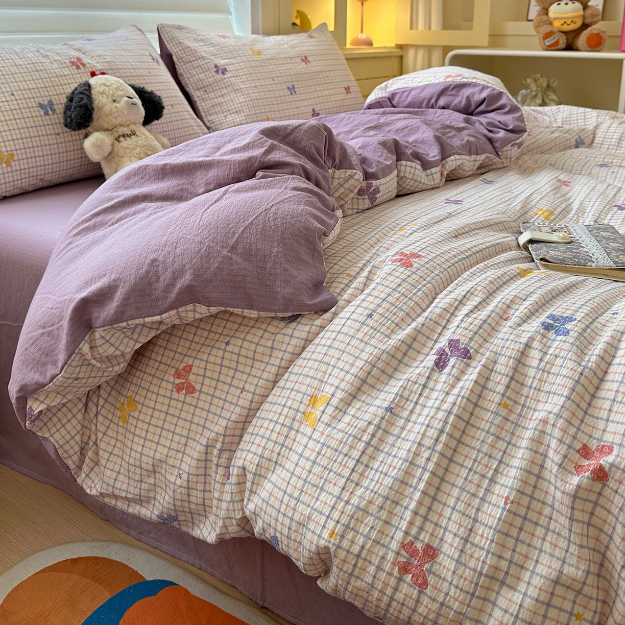 水墨江南 2025新款云感双层纱印花四件套 多彩蝴蝶结