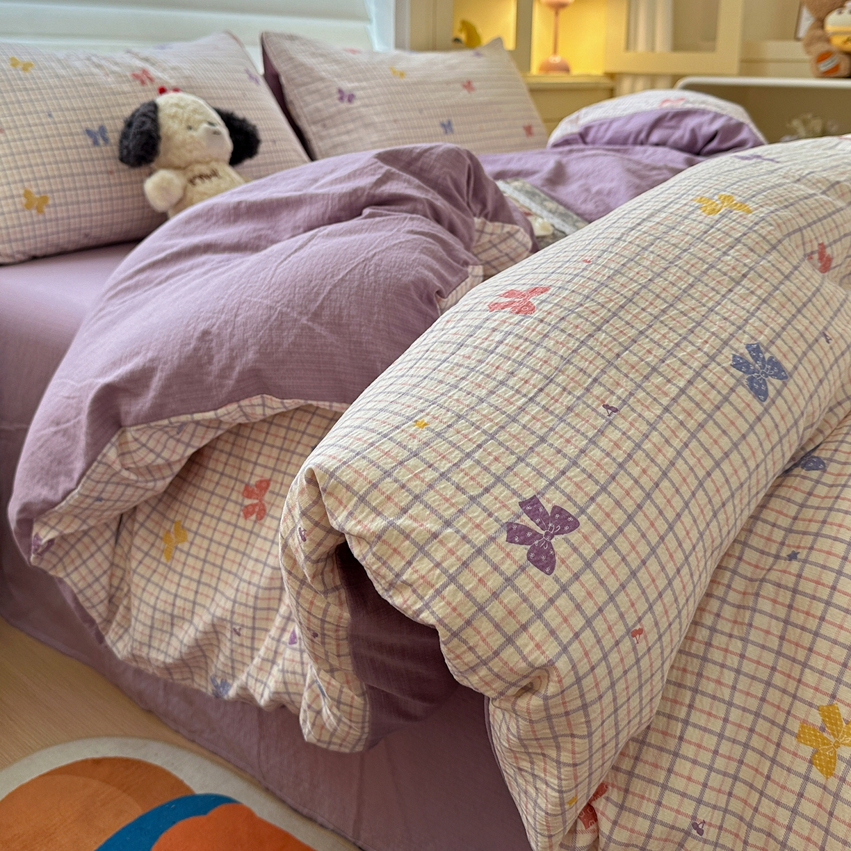 91家纺网 家纺一手货源 找家纺 水墨江南 2025新款云感双层纱印花四件套 多彩蝴蝶结