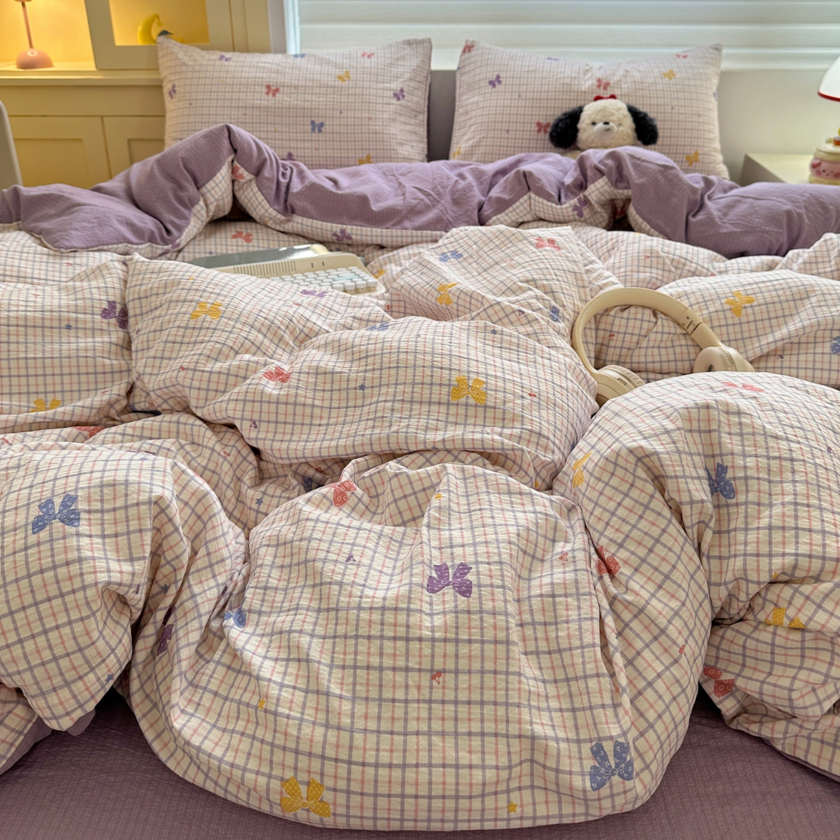 91家纺网 家纺一手货源 找家纺 水墨江南 2025新款云感双层纱印花四件套 多彩蝴蝶结