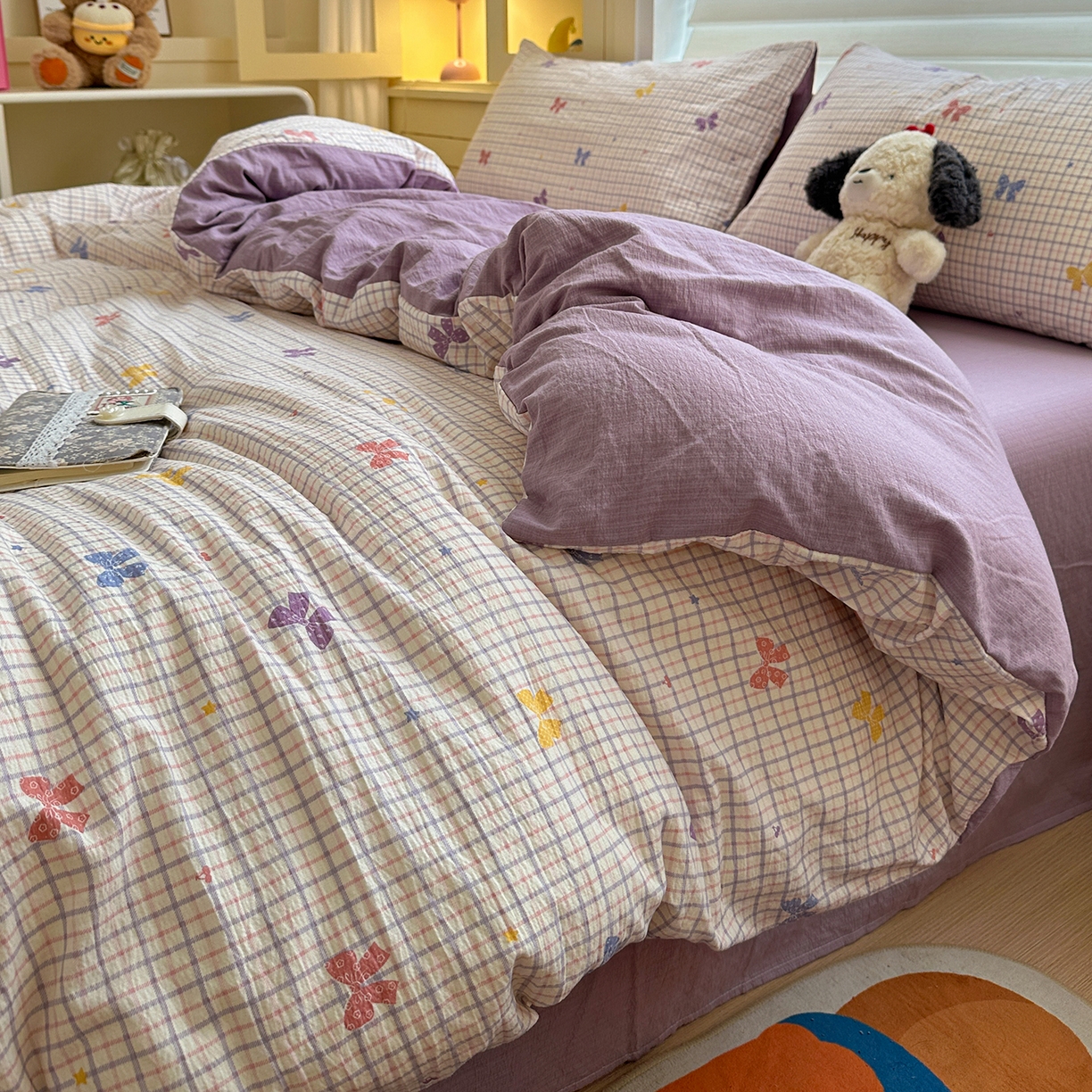 91家纺网 家纺一手货源 找家纺 水墨江南 2025新款云感双层纱印花四件套 多彩蝴蝶结