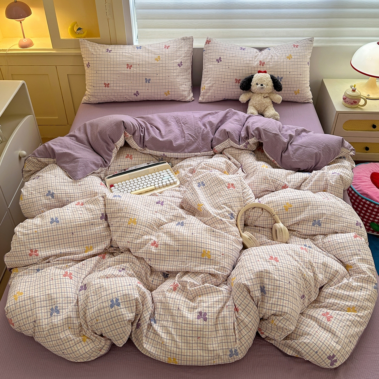 91家纺网 家纺一手货源 找家纺 水墨江南 2025新款云感双层纱印花四件套 多彩蝴蝶结