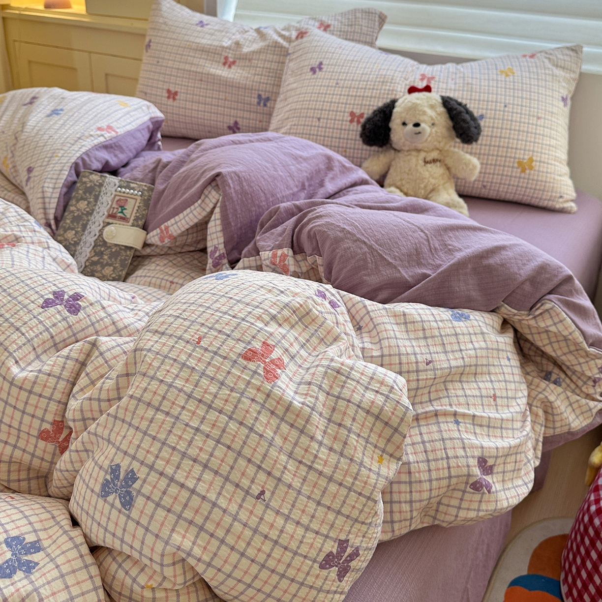 91家纺网 家纺一手货源 找家纺 水墨江南 2025新款云感双层纱印花四件套 多彩蝴蝶结