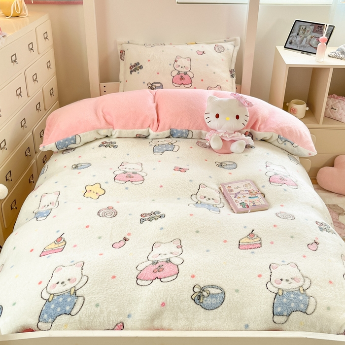 91家纺网 家纺一手货源 找家纺 川悦生活 2025新款立体雪花绒印花四件套学生床系列二场景一 派对西高地