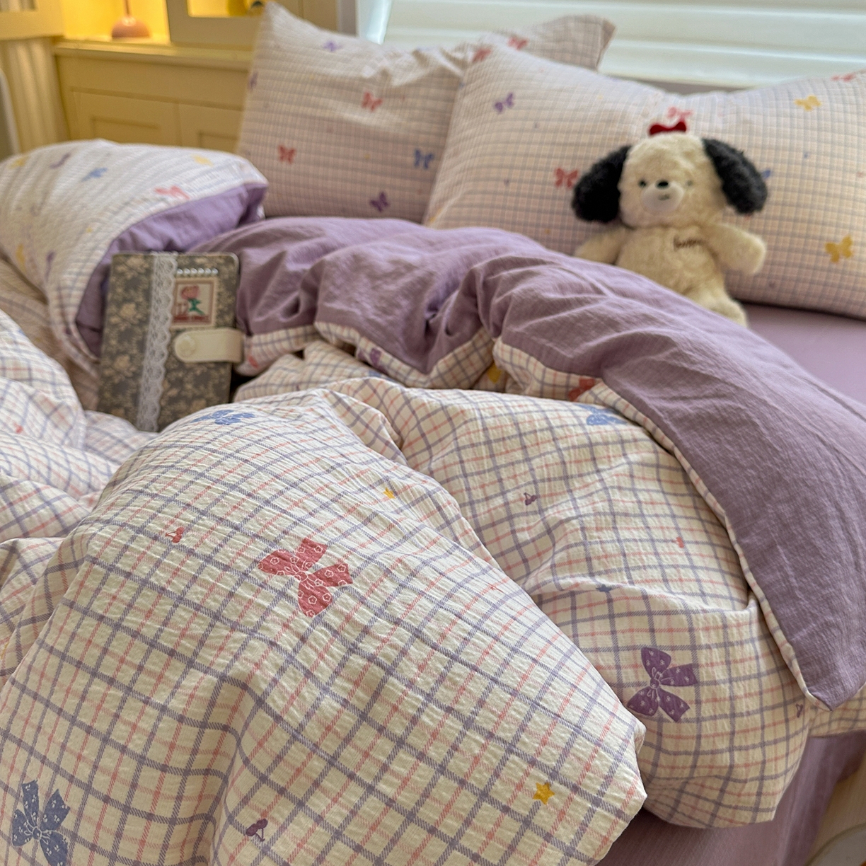 91家纺网 家纺一手货源 找家纺 水墨江南 2025新款云感双层纱印花四件套 多彩蝴蝶结