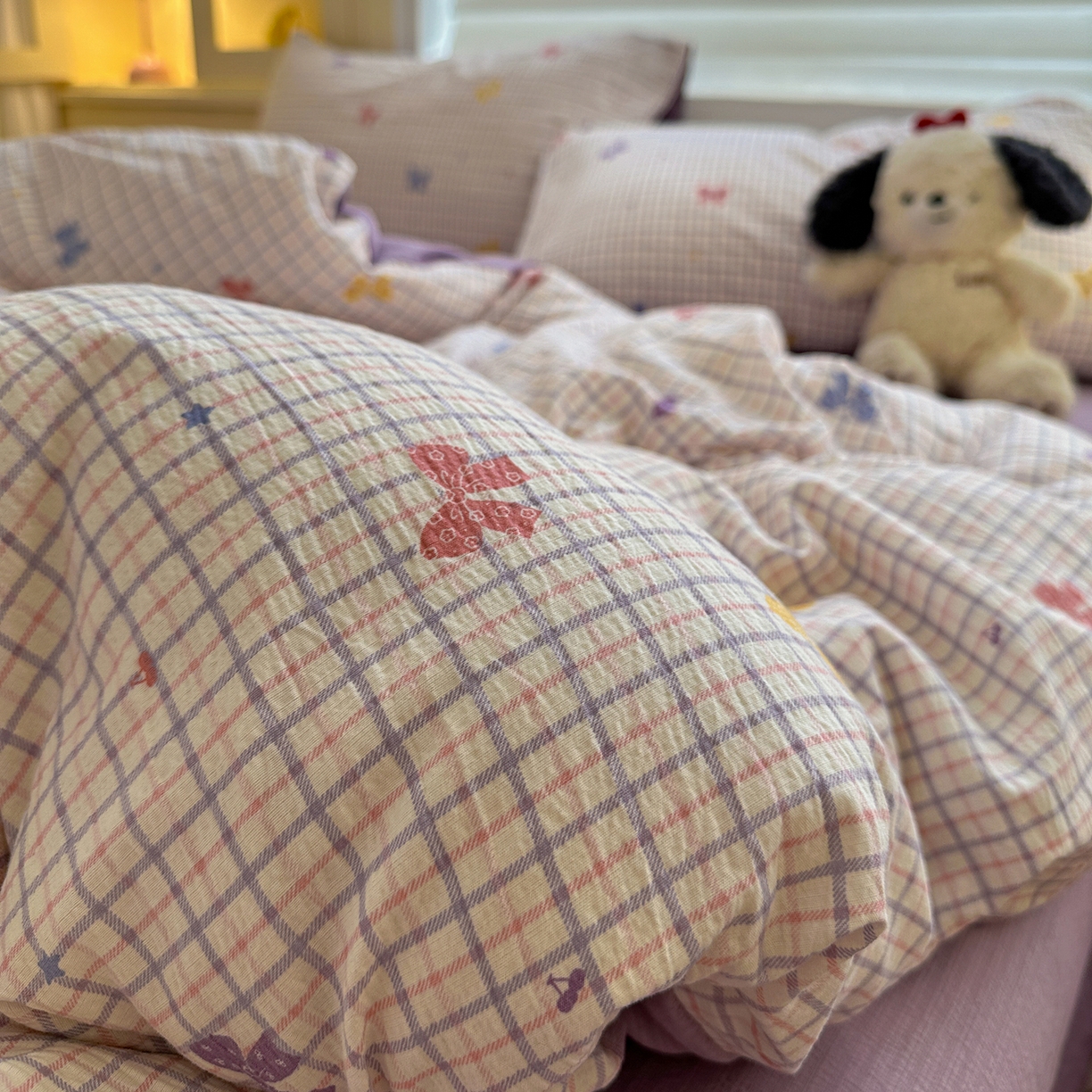 91家纺网 家纺一手货源 找家纺 水墨江南 2025新款云感双层纱印花四件套 多彩蝴蝶结