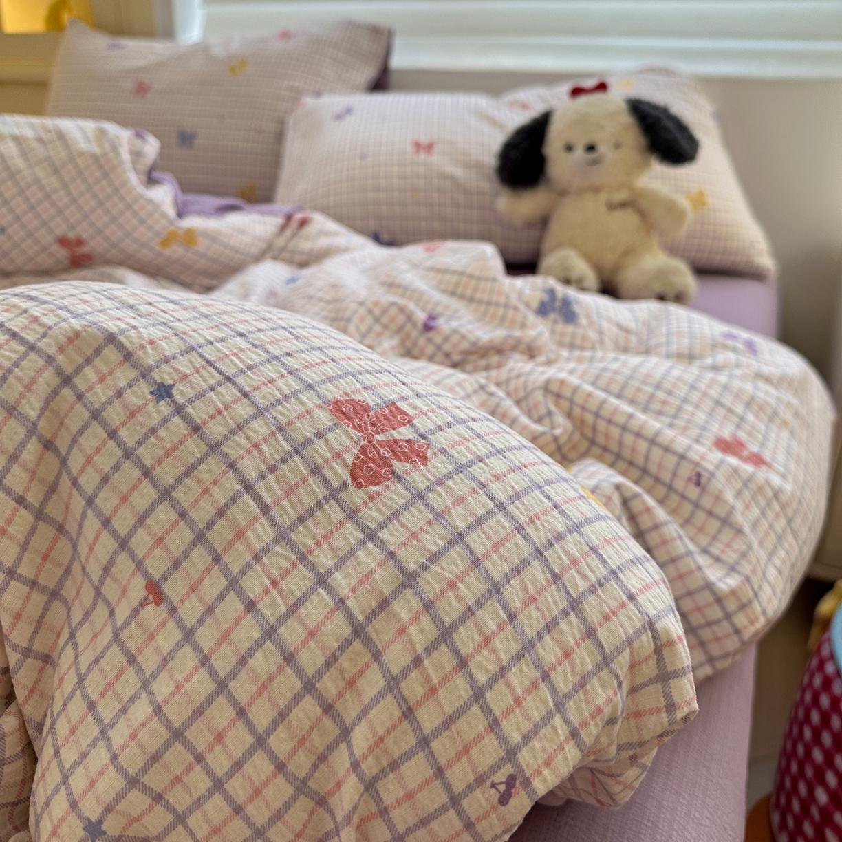 91家纺网 家纺一手货源 找家纺 水墨江南 2025新款云感双层纱印花四件套 多彩蝴蝶结