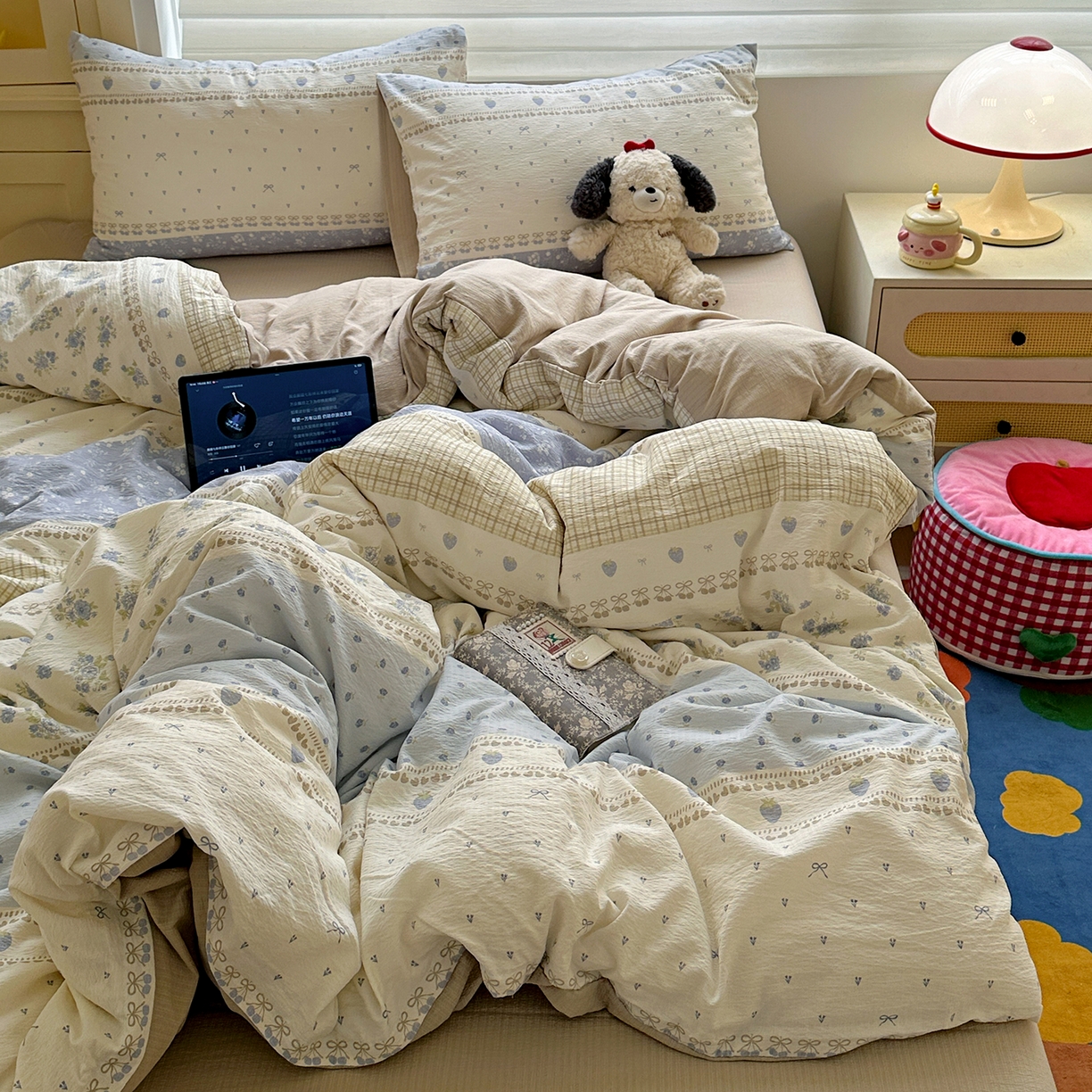 91家纺网 家纺一手货源 找家纺 水墨江南 2025新款云感双层纱印花四件套 春天里