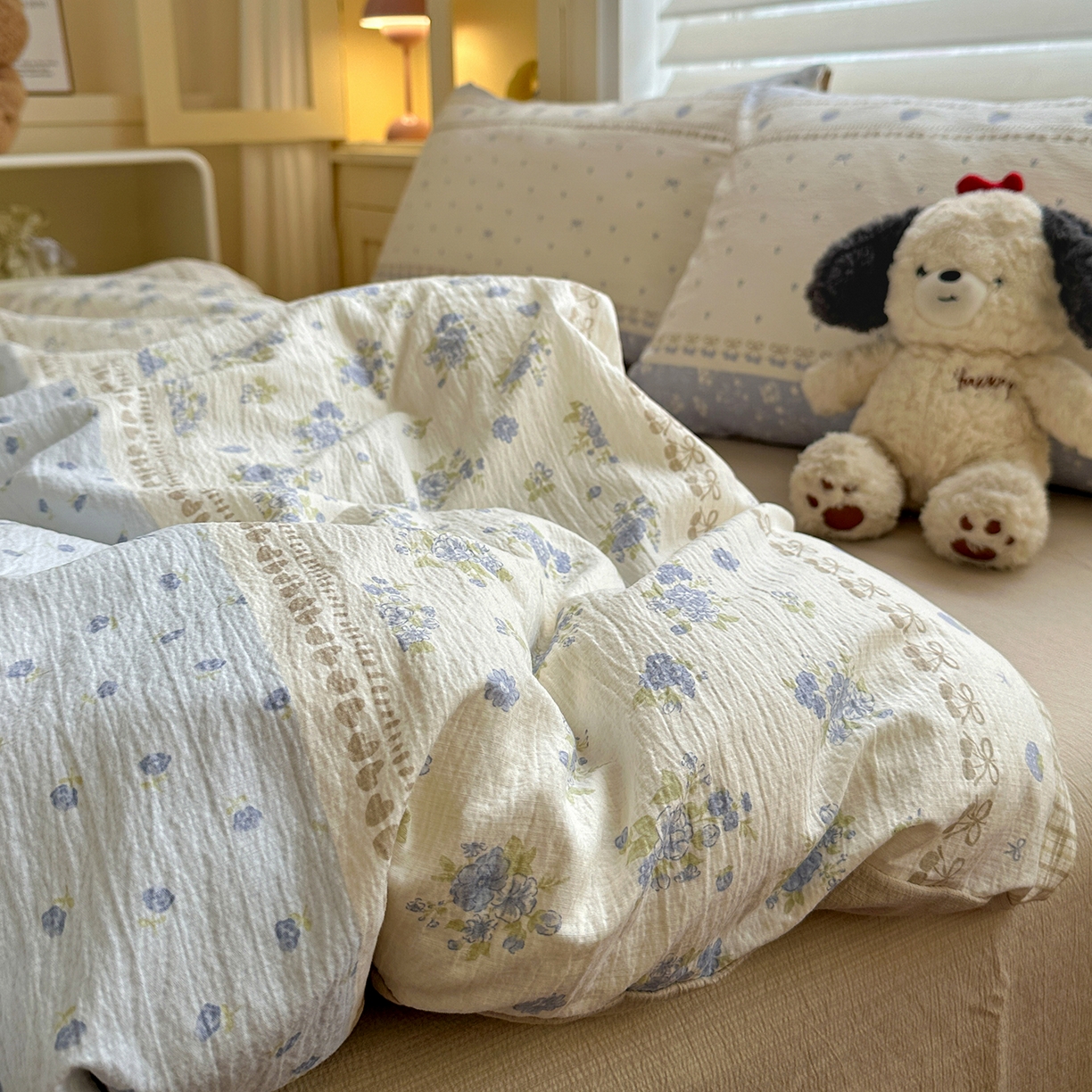 91家纺网 家纺一手货源 找家纺 水墨江南 2025新款云感双层纱印花四件套 春天里