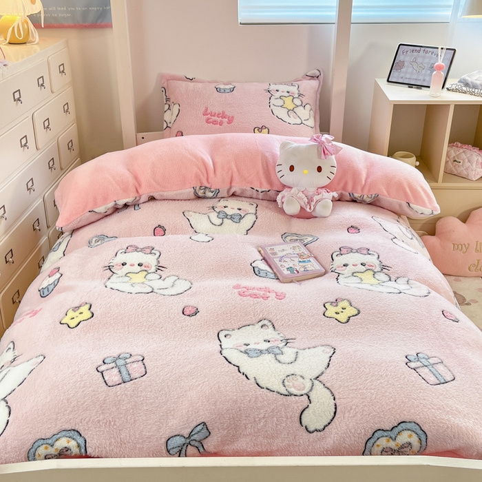 91家纺网 家纺一手货源 找家纺 川悦生活 2025新款立体雪花绒印花四件套学生床系列二场景一 甜梦小猫