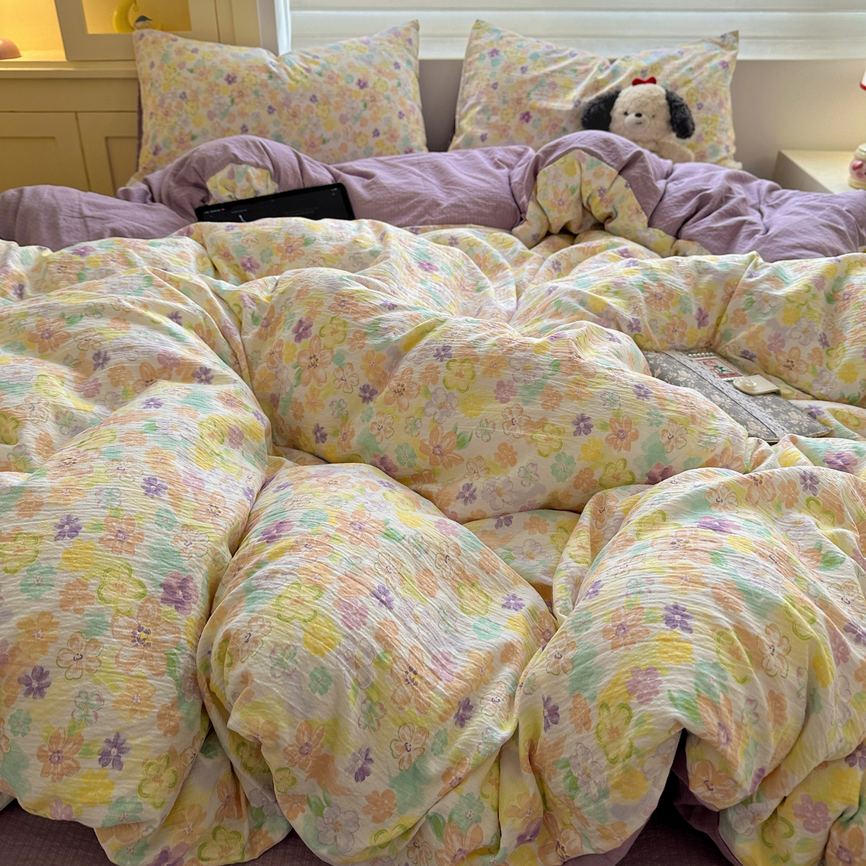 91家纺网 家纺一手货源 找家纺 水墨江南 2025新款云感双层纱印花四件套 花雨