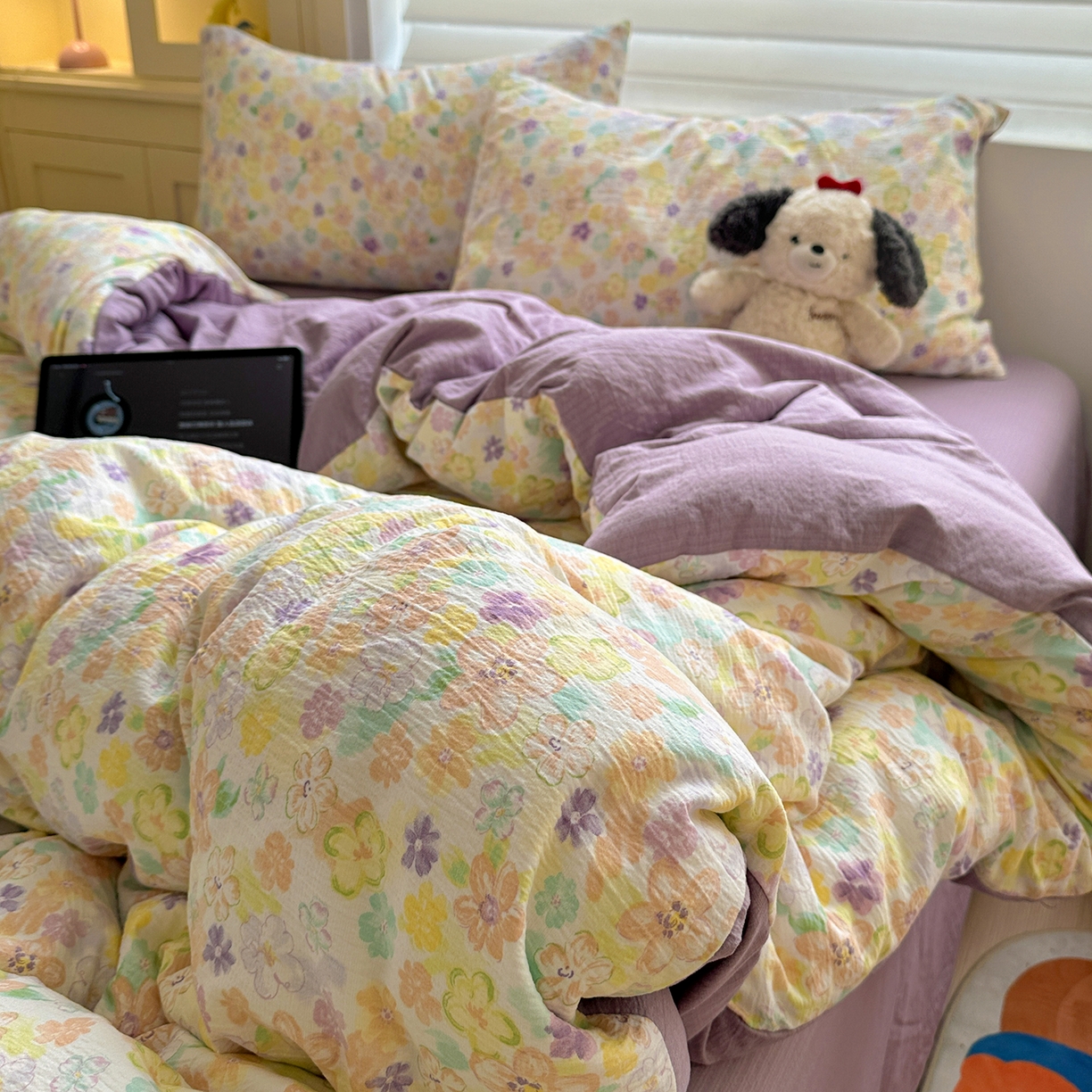 91家纺网 家纺一手货源 找家纺 水墨江南 2025新款云感双层纱印花四件套 花雨