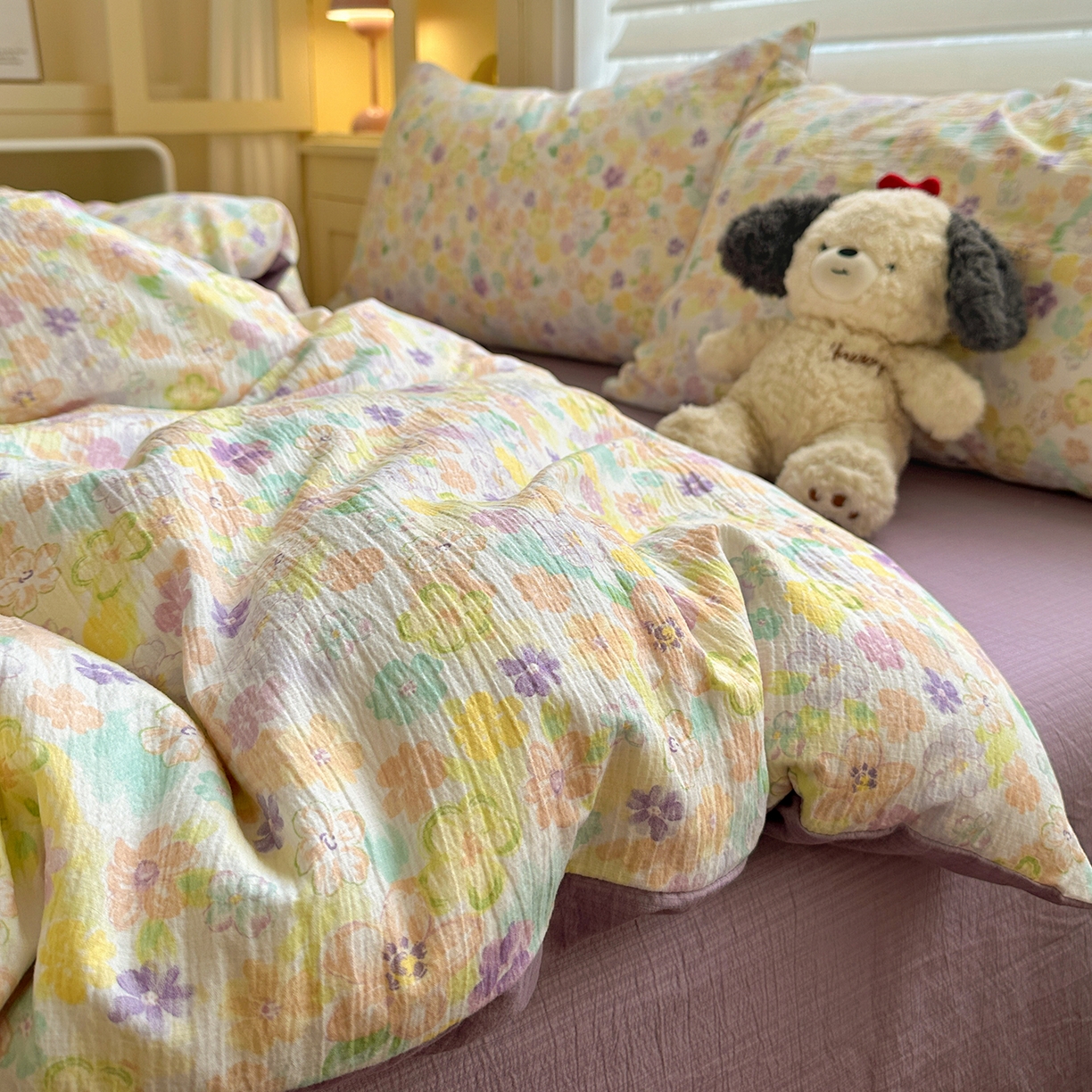 91家纺网 家纺一手货源 找家纺 水墨江南 2025新款云感双层纱印花四件套 花雨