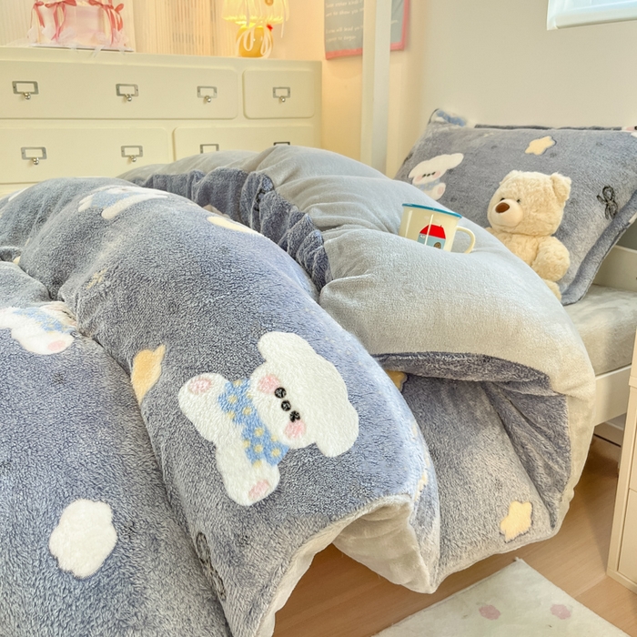 91家纺网 家纺一手货源 找家纺 川悦生活 2025新款立体雪花绒印花四件套学生床系列二场景一 星月小狗-灰