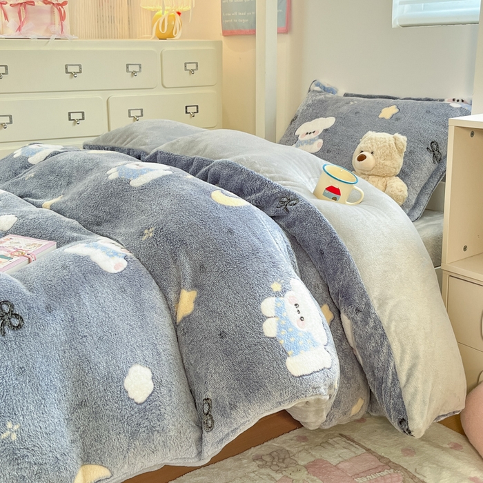 91家纺网 家纺一手货源 找家纺 川悦生活 2025新款立体雪花绒印花四件套学生床系列二场景一 星月小狗-灰