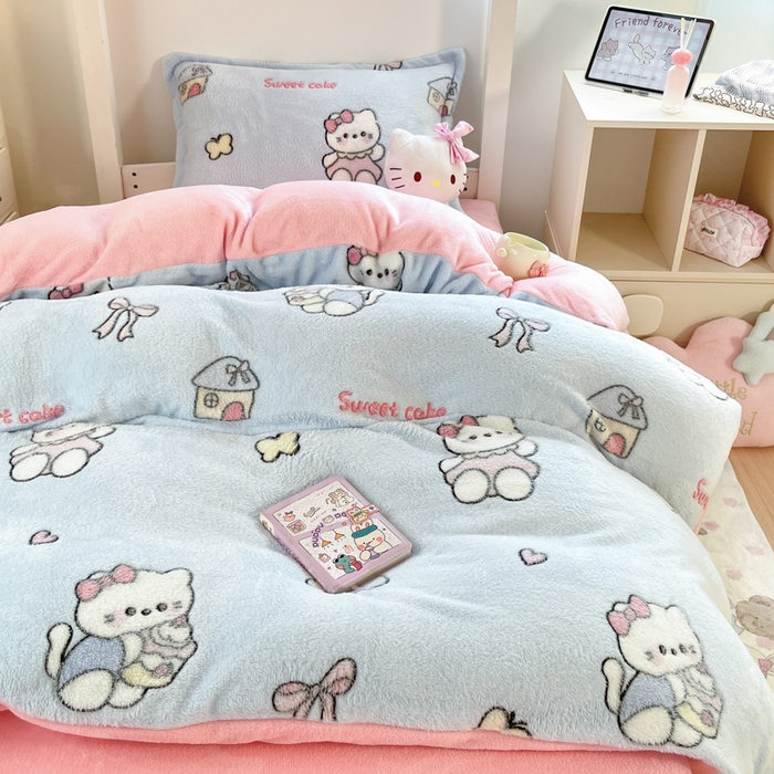 91家纺网 家纺一手货源 找家纺 川悦生活 2025新款立体雪花绒印花四件套学生床系列二场景一 幸运小咪