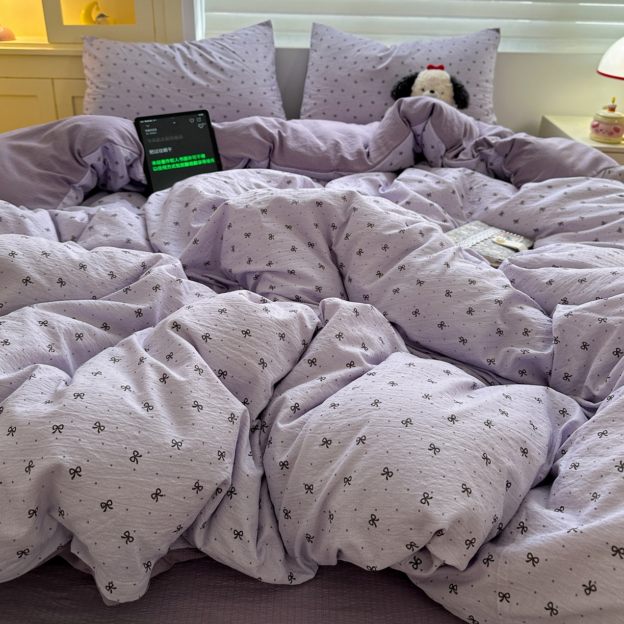 91家纺网 家纺一手货源 找家纺 水墨江南 2025新款云感双层纱印花四件套 欢乐颂